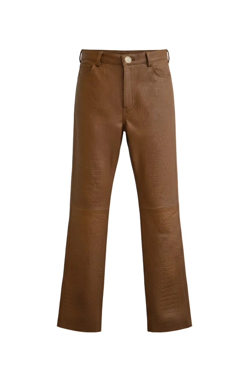 Pantalón Heritage Croco Camel, hecho a mano en cuero croco — Bendito Leather
