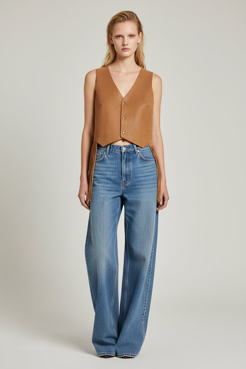 Chaleco Gamuza Flecos Camel